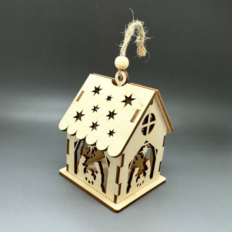 Betlém - Vyřezávaný dřevěný domeček z překližky na pověšení