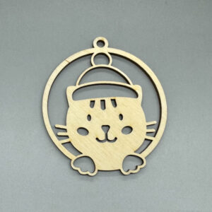 Dřevěná ozdoba na stromeček - Kočka s čepicí