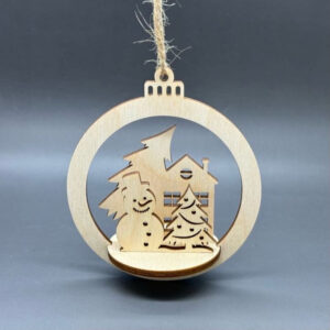 3D dřevěná ozdoba na stromeček - Sněhulák a domeček