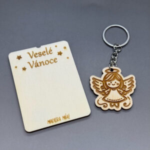 Klíčenka na dřevěné kartičce "Veselé Vánoce" - Andělíček č. 2