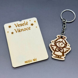 Klíčenka na dřevěné kartičce "Veselé Vánoce" - Andělíček č. 3