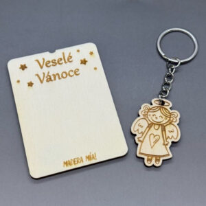 Klíčenka na dřevěné kartičce "Veselé Vánoce" - Andělíček č. 1