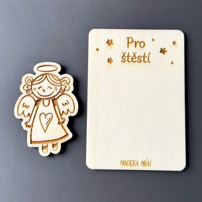 Magnetka na dřevěné kartičce "Pro štěstí" - Andělíček č. 1