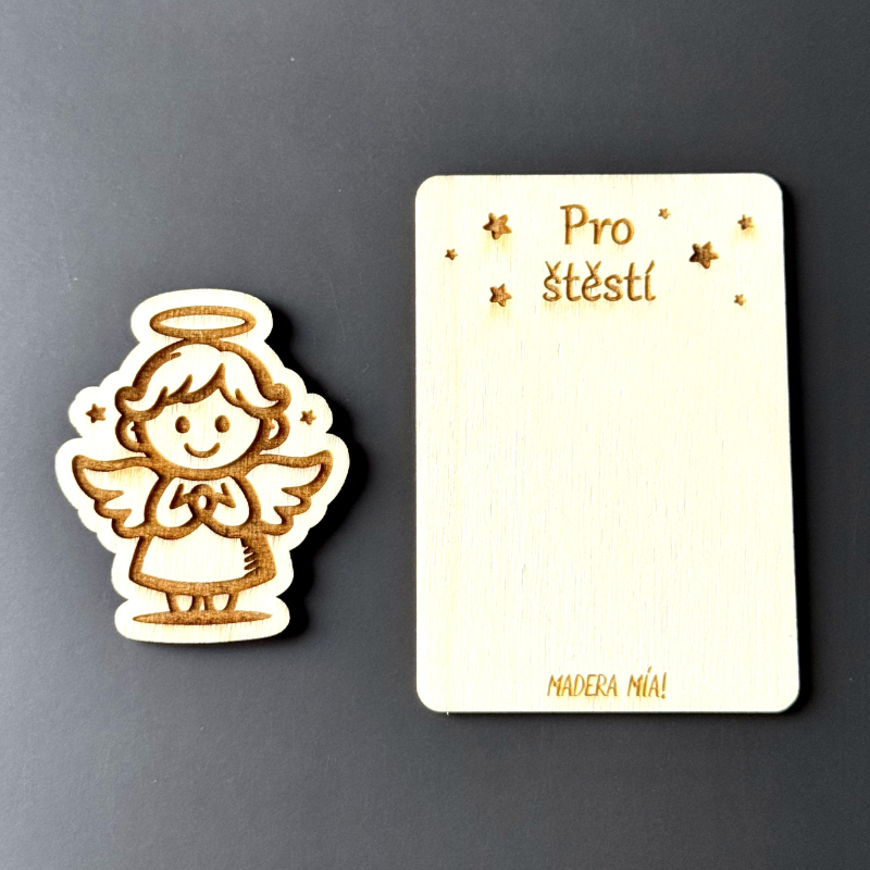 Magnetka na dřevěné kartičce "Pro štěstí" - Andělíček č. 3