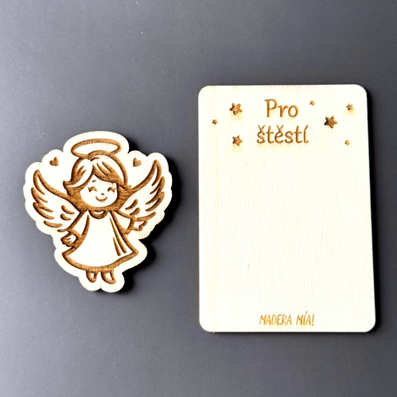 Magnetka na dřevěné kartičce "Pro štěstí" - Andělíček č. 4