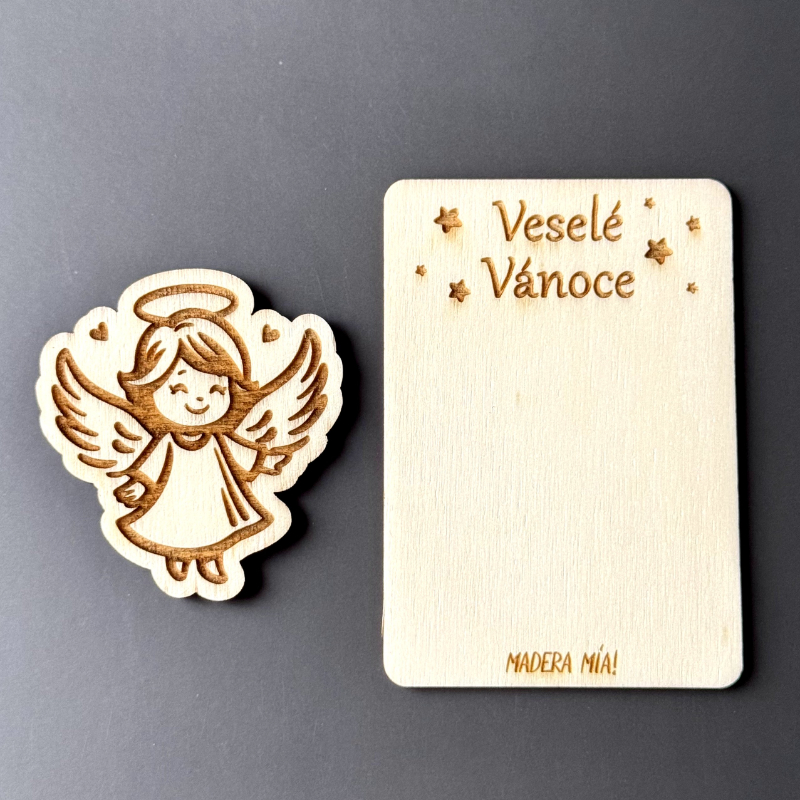 Magnetka na dřevěné kartičce "Veselé Vánoce" - Andělíček č. 4