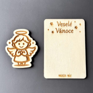 Magnetka na dřevěné kartičce "Veselé Vánoce" - Andělíček č. 3