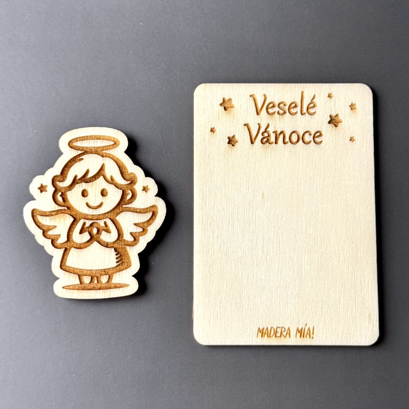 Magnetka na dřevěné kartičce "Veselé Vánoce" - Andělíček č. 3