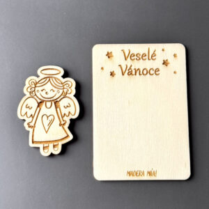 Magnetka na dřevěné kartičce "Veselé Vánoce" - Andělíček č. 1