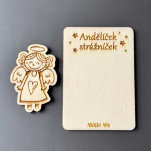 Magnetka na dřevěné kartičce "Andělíček strážníček" - Andělíček č. 1