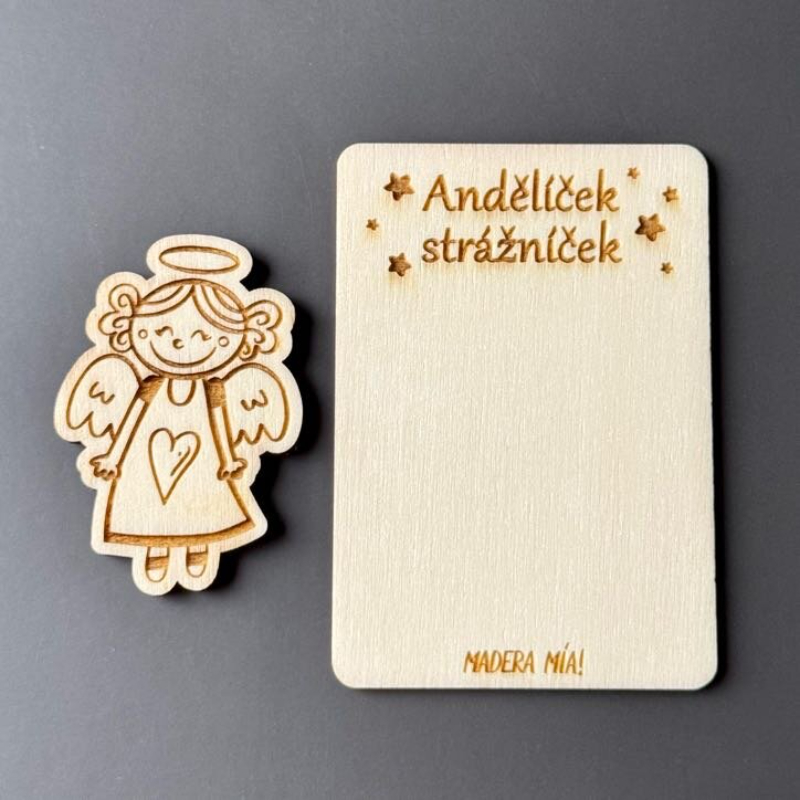 Magnetka na dřevěné kartičce "Andělíček strážníček" - Andělíček č. 1