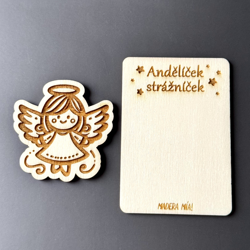 Magnetka na dřevěné kartičce "Andělíček strážníček" - Andělíček č. 2