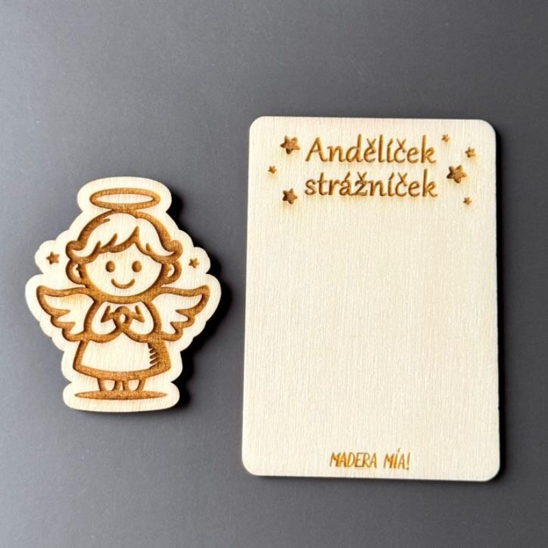 Magnetka na dřevěné kartičce "Andělíček strážníček" - Andělíček č. 3