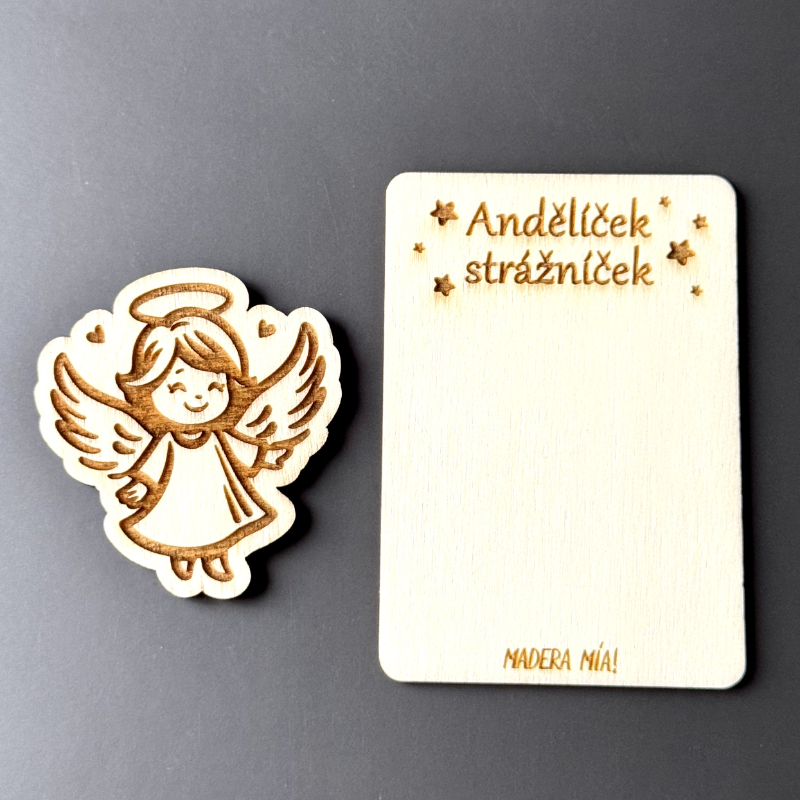 Magnetka na dřevěné kartičce "Andělíček strážníček" - Andělíček č. 4