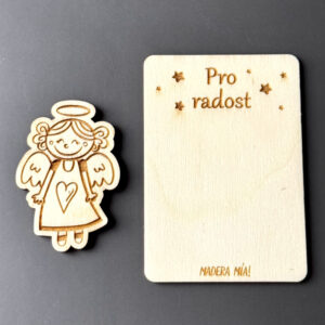 Magnetka na dřevěné kartičce "Pro radost" - Andělíček č. 1