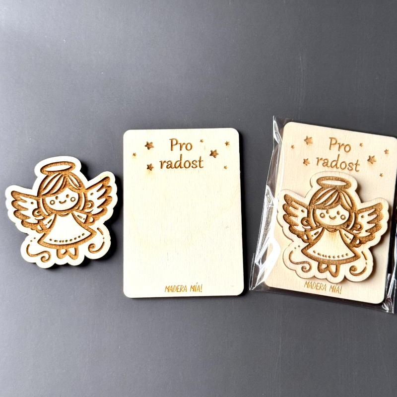 Magnetka na dřevěné kartičce "Pro radost" - Andělíček č. 2 - Obrázek 2