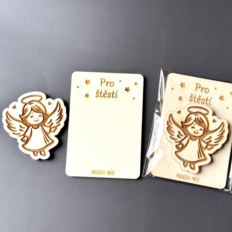 Magnetka na dřevěné kartičce "Pro štěstí" - Andělíček č. 4 - Obrázek 2