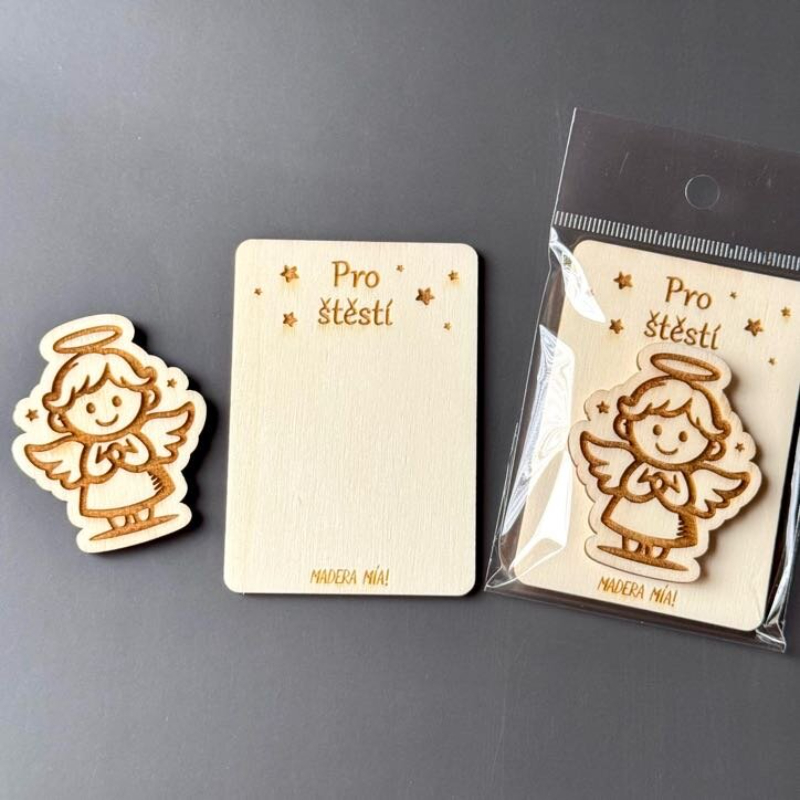 Magnetka na dřevěné kartičce "Pro štěstí" - Andělíček č. 3 - Obrázek 2