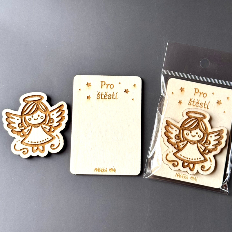 Magnetka na dřevěné kartičce "Pro štěstí" - Andělíček č. 2 - Obrázek 2