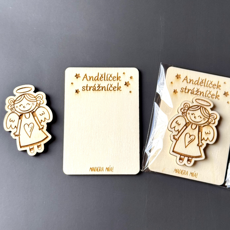Magnetka na dřevěné kartičce "Andělíček strážníček" - Andělíček č. 1 - Obrázek 2