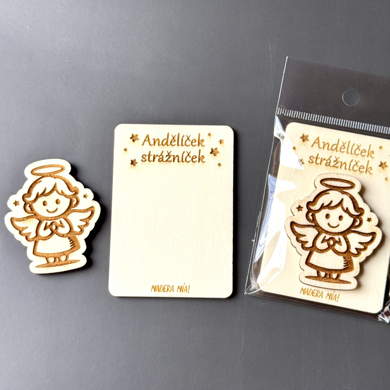 Magnetka na dřevěné kartičce "Andělíček strážníček" - Andělíček č. 3 - Obrázek 2