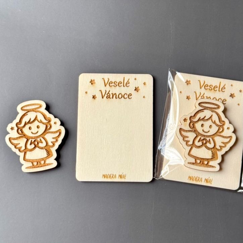 Magnetka na dřevěné kartičce "Veselé Vánoce" - Andělíček č. 3 - Obrázek 2